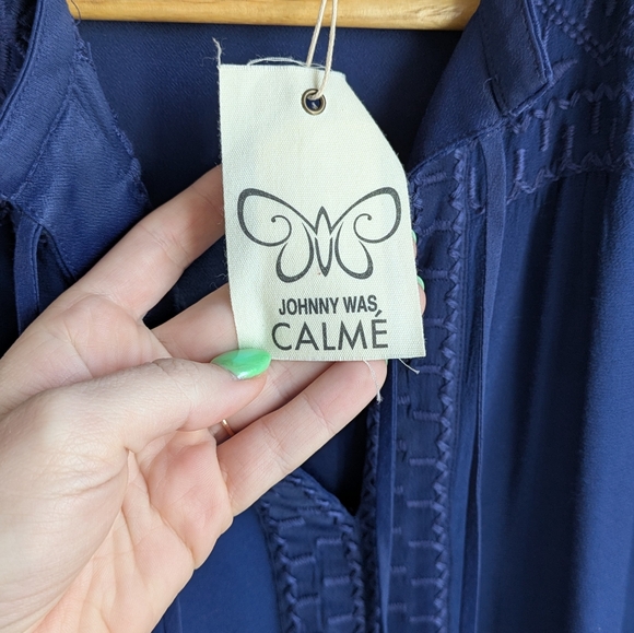 Johnny Was Calmé NWT Blue Knit Embroidered Top Double Tassel Front Size XS - Picture 5 of 8